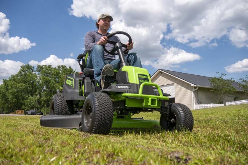 Greenworks lithium-ion battery-powered lawn tractor mowing
